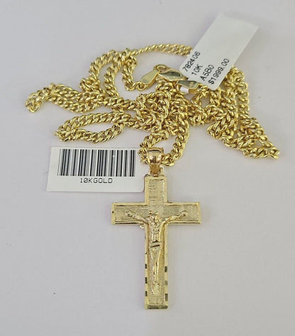 10K Gold Miami Cuban Chain Jesus Cross 18"-28" 3mm Pendant Necklace SET Charm