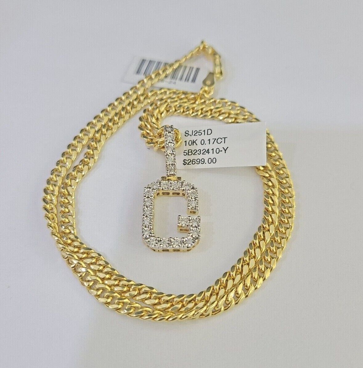 10K Gold Miami Cuban Chain G Initial Diamond Charm Length 18"-26" 3mm REAL