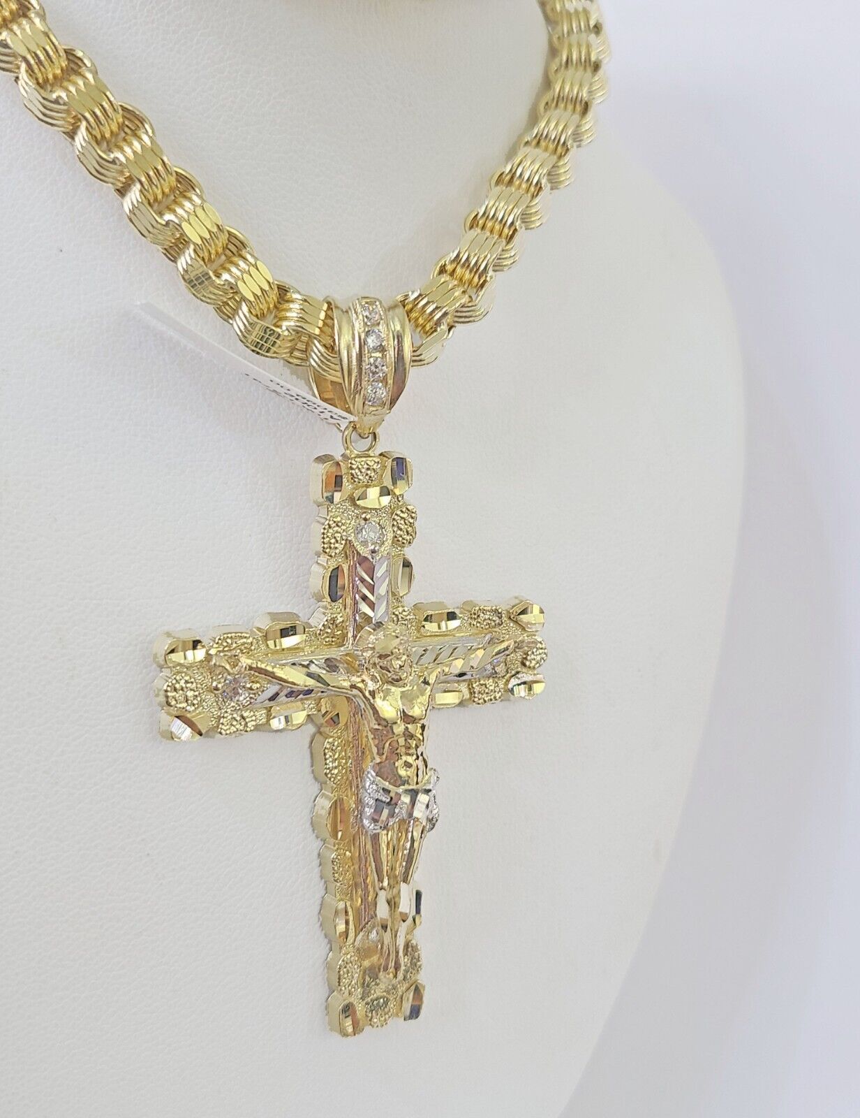 Real 10k Gold Nugget Cross Byzantine Chain Necklace 6mm 24" Chain SET Yellow