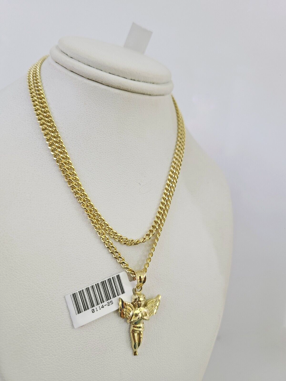 10k Gold Miami Cuban Chain Praying Angel Charm Pendant 3mm 18-28in Necklace Set