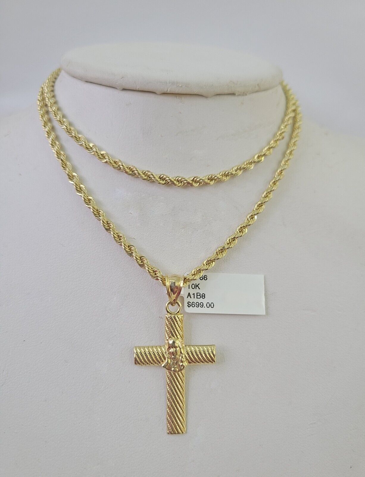 10k Solid Rope Chain 3mm Jesus Cross Pendant Charm Necklace SET 18-28 in