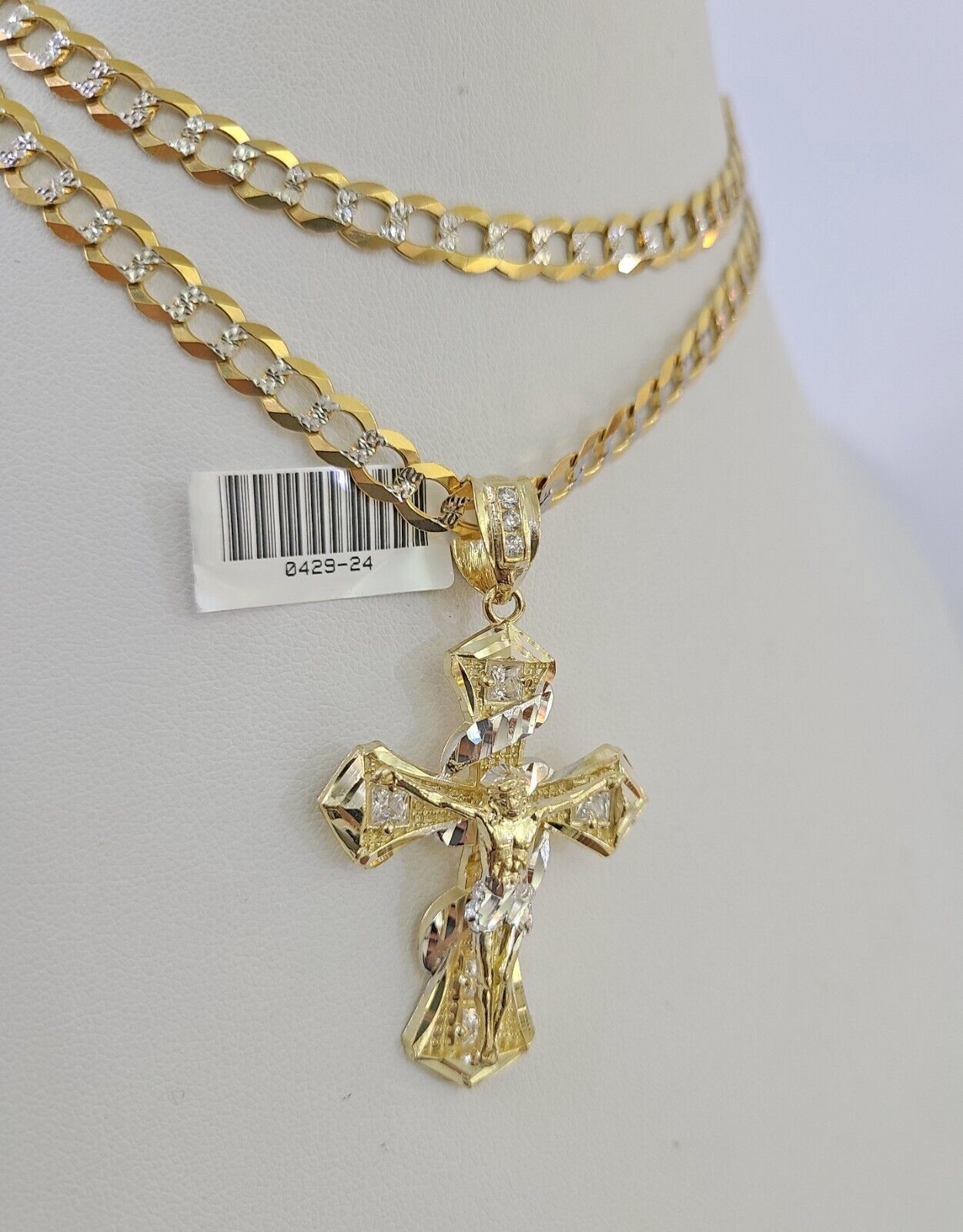 SET Solid 10k Gold Cuban Link Curb Chain Jesus Cross Pendant Two-tone 6mm 20"-30"Necklace