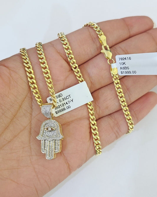 10k Diamond Hamsa Charm Miami Cuban Chain 4mm 22 inch SET Yellow Gold