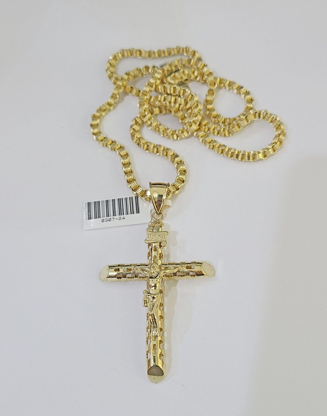 10k Gold Byzantine Necklace INRI Jesus Cross Charm 18-26 inches 3mm SET Chain