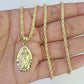 10k Rope Chain Virgin Mary Pendant 18"-30" Yellow Gold Set Charm Necklace 3mm