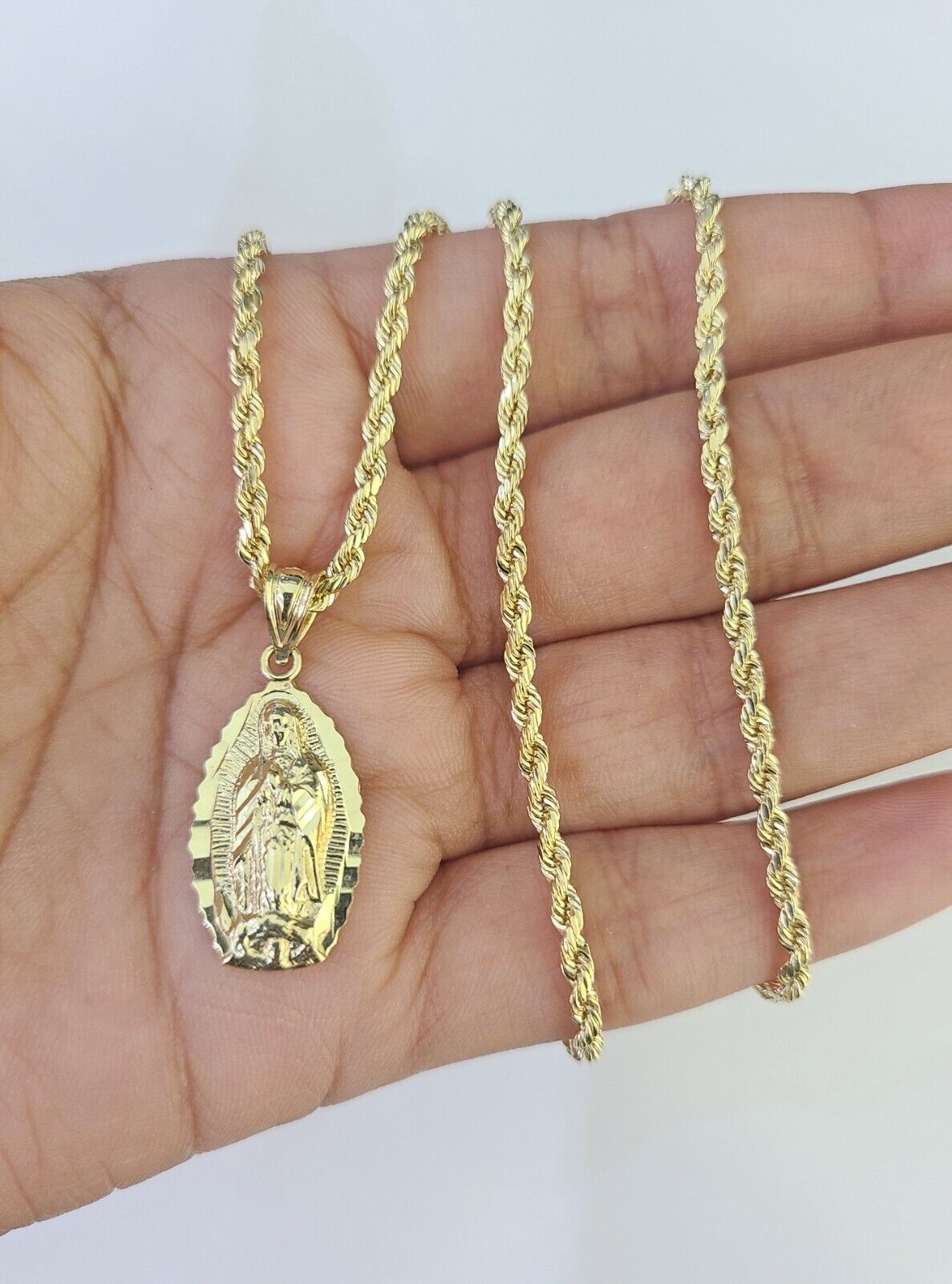 10k Rope Chain Virgin Mary Pendant 18"-30" Yellow Gold Set Charm Necklace 3mm