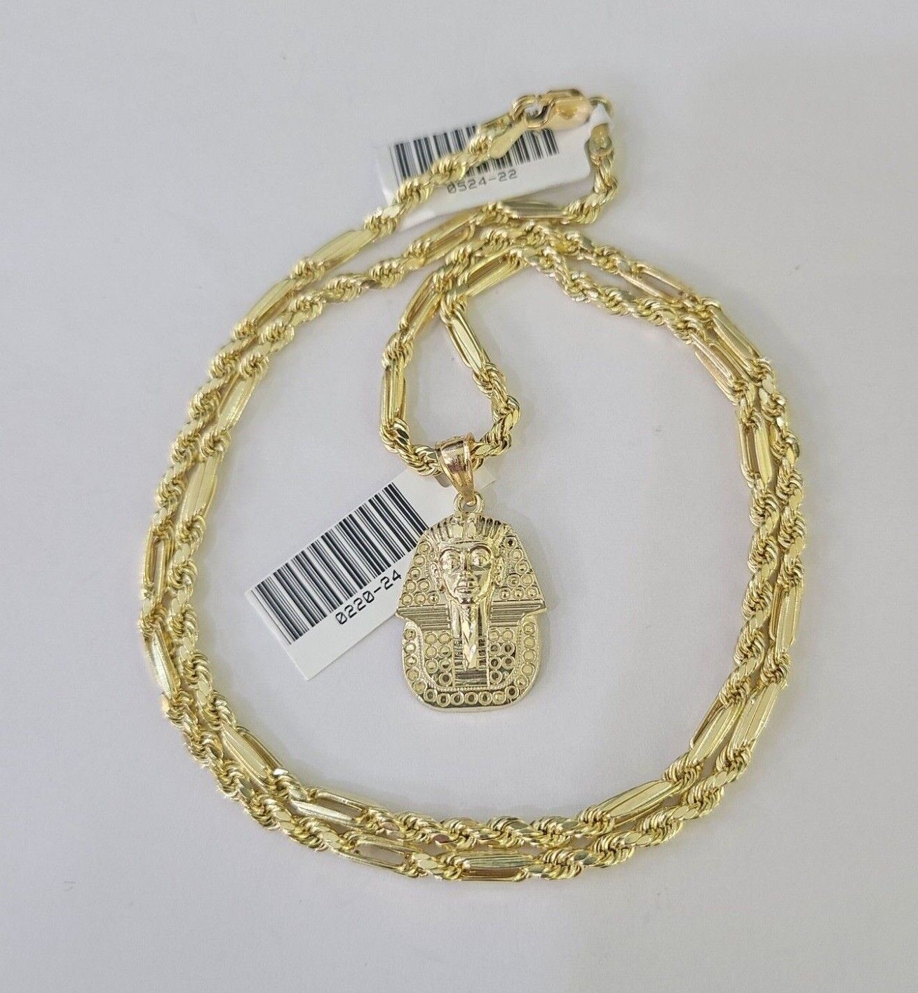 10k Milano Rope Chain Pharaoh Head Charm Necklace SET 3mm 18" 20" 22" 24 Pendant