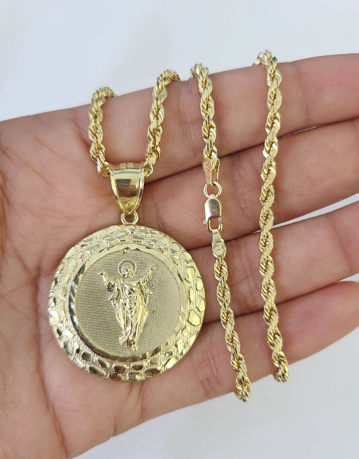 10k 3mm Rope Chain Nugget Medallion Guadalupe Pendant 18"-30" Set Charm Necklace