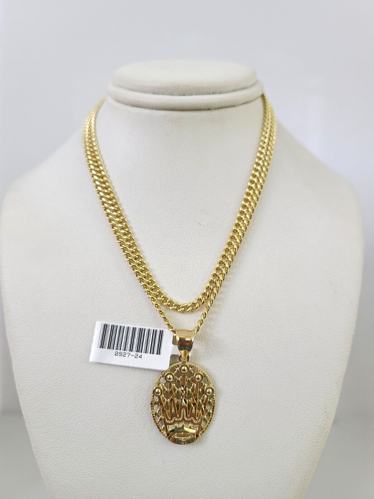 10k Gold Miami Cuban Chain Crown Charm Pendant 3mm 18-28in Necklace Set