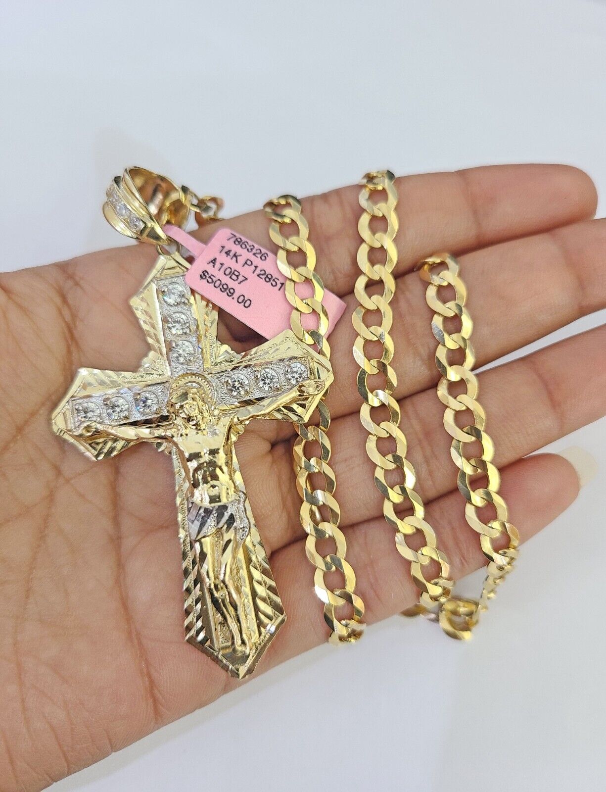 14k Gold Chain Jesus Cross Charm Solid Cuban Curb 5mm 20"-28" Inch SET Necklace