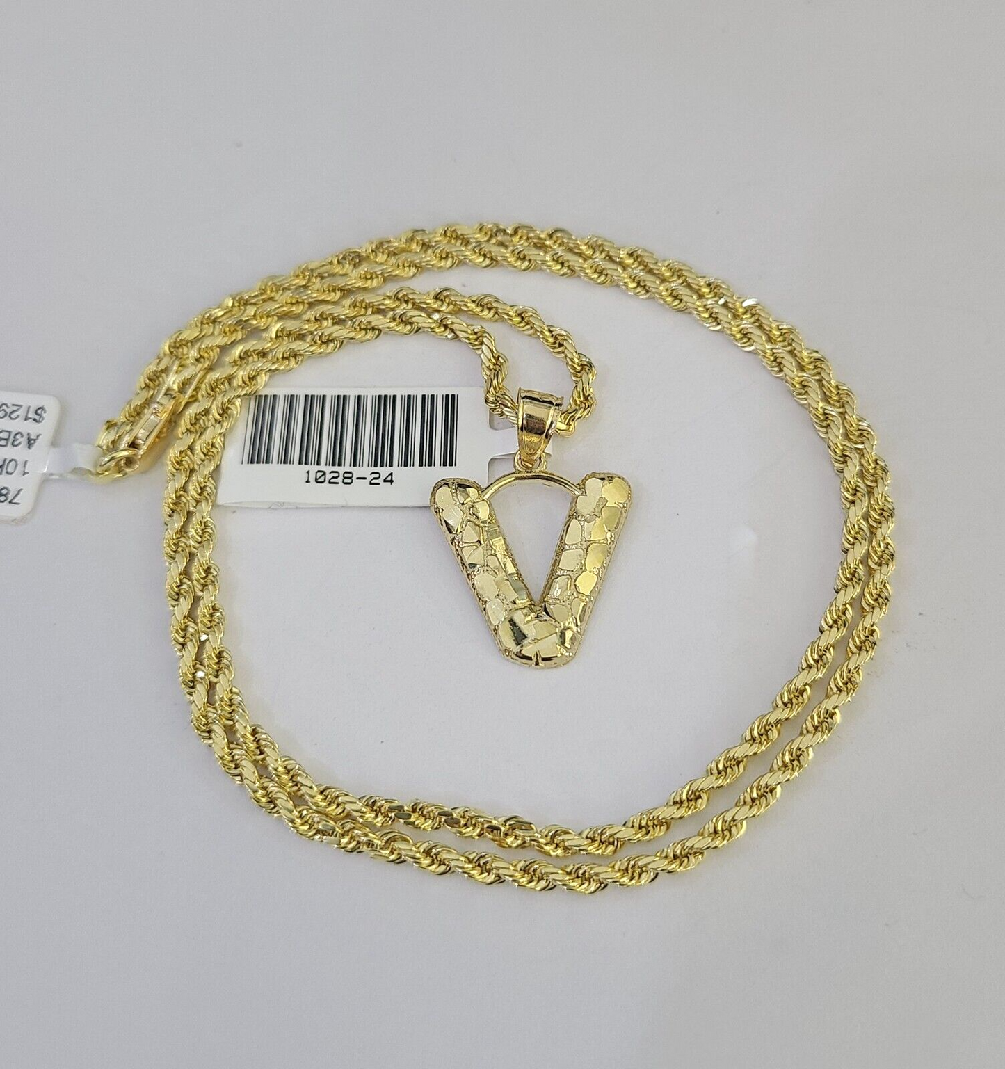 10k Gold Initial V Charm Rope Chain 16"-26" 2.5mm SET Necklace Alphabet Pendant