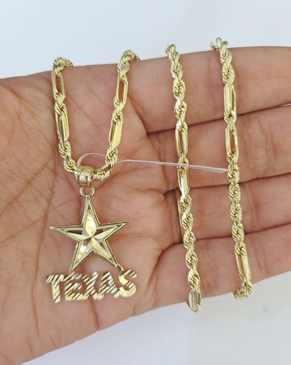 10k Milano Rope Chain Texas Charm Necklace SET 3mm 18" 20" 22" 24" Pendant