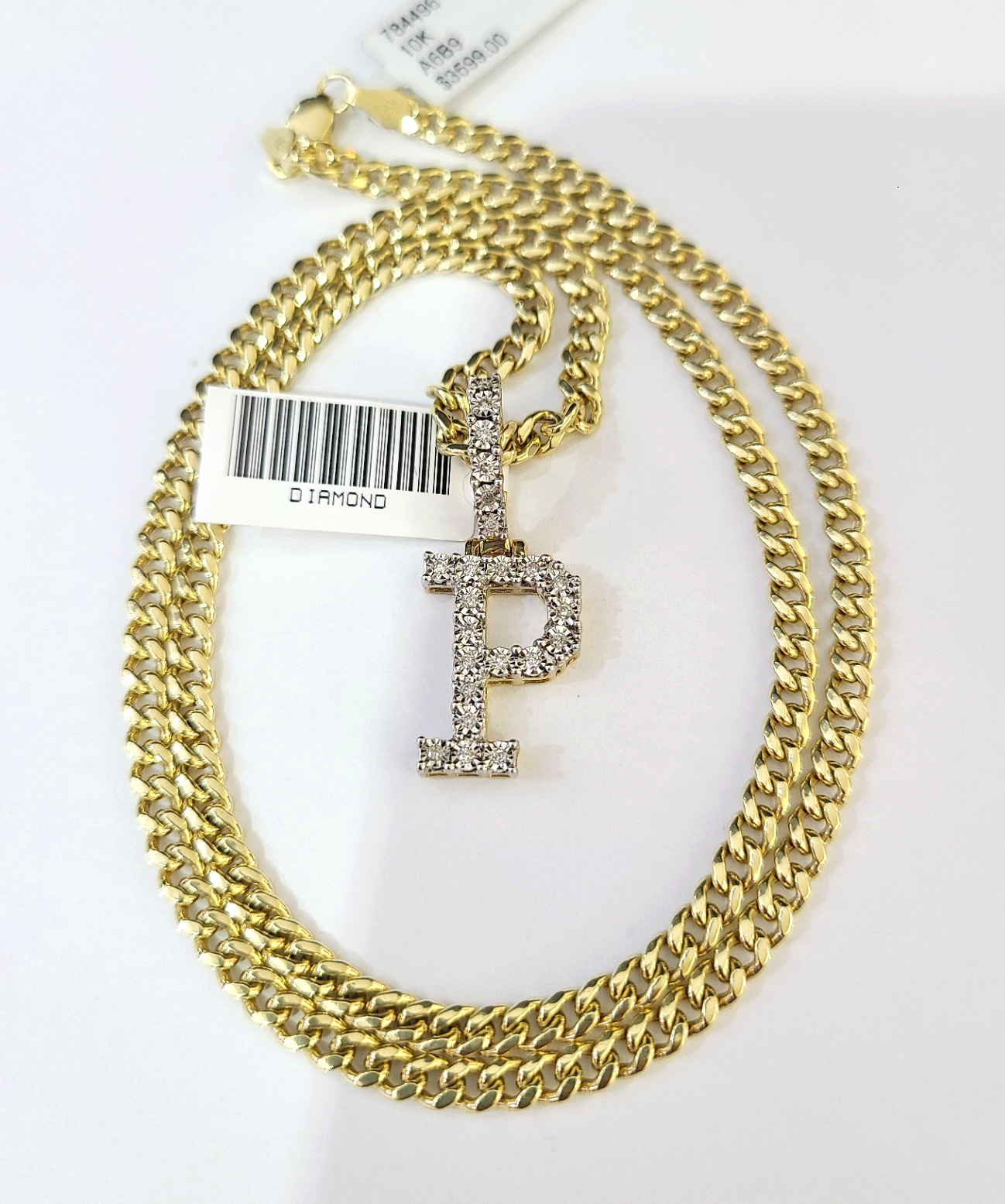 10K Gold Miami Cuban Chain P Diamond Initial 18"-24" 2mm Pendant Necklace SET