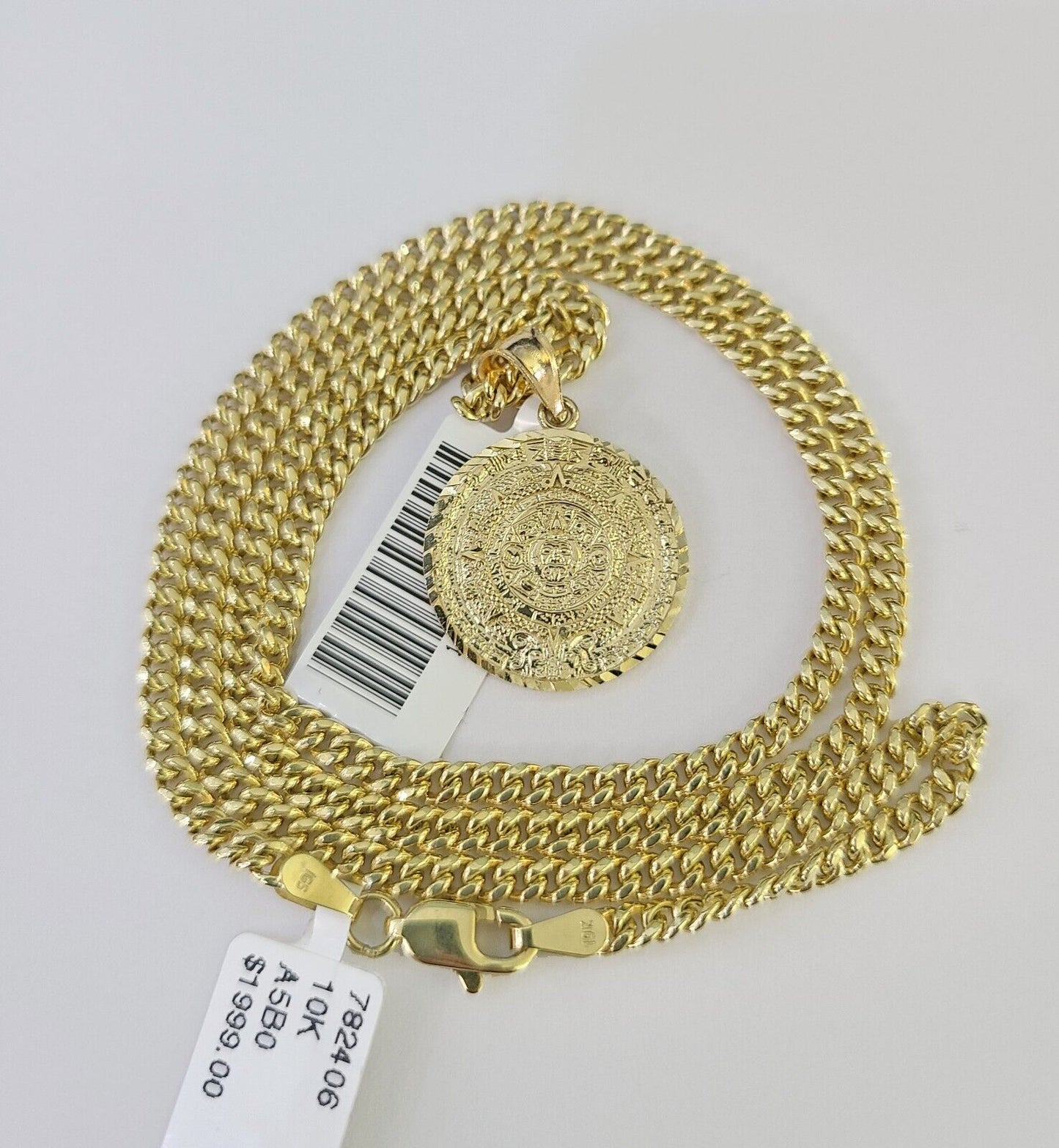 10K Gold Miami Cuban Chain Mayan Calendar 18"-28" 3mm REAL Pendant Necklace SET