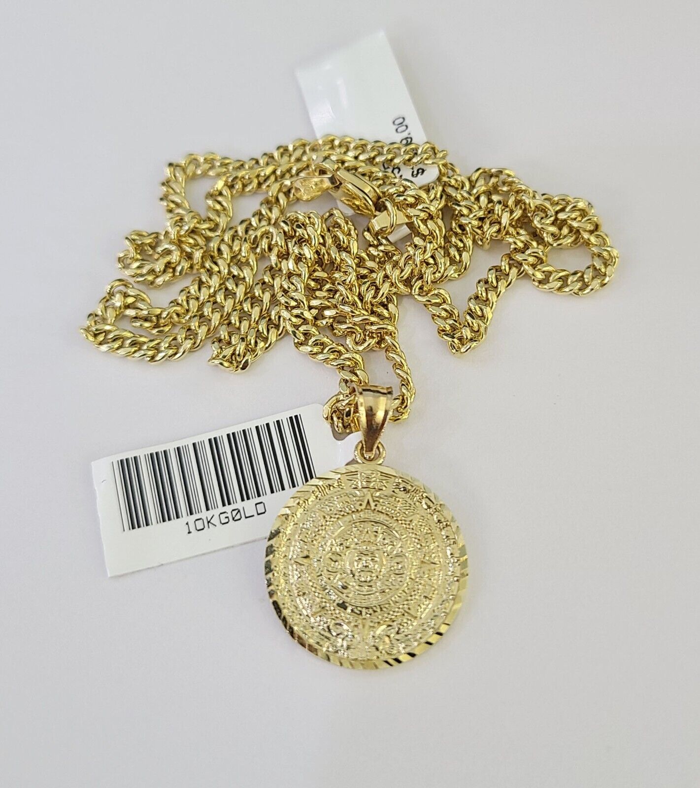 10K Gold Miami Cuban Chain Mayan Calendar 18"-28" 3mm REAL Pendant Necklace SET