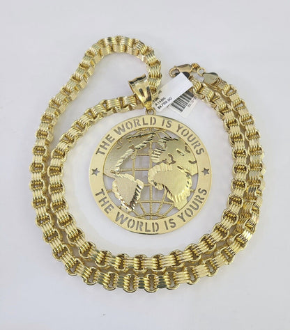 10k Gold Byzantine Necklace World is Yours Charm Pendant 20"-30" 8mm SET Chain