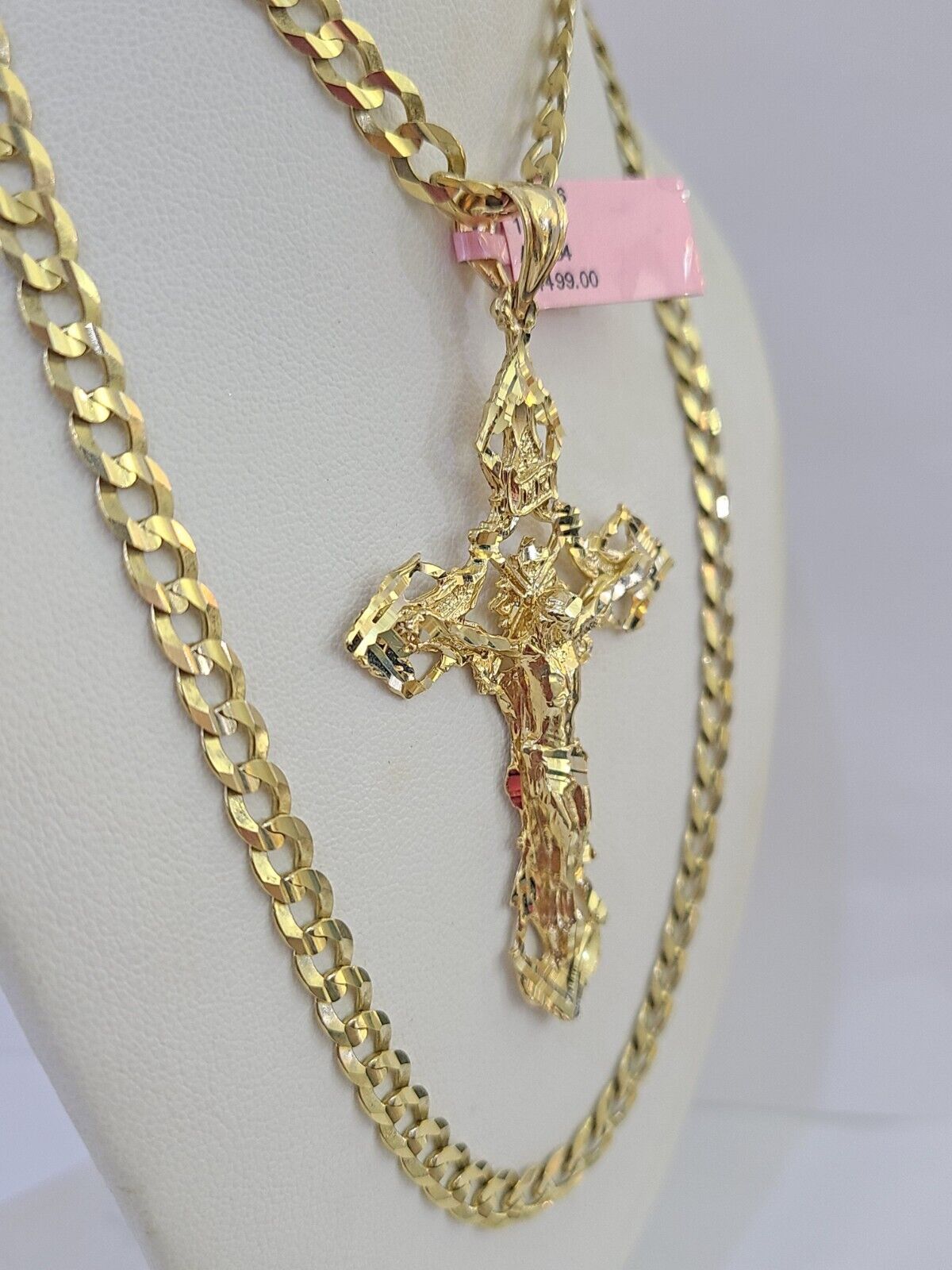 14k Gold Chain Jesus Cross Charm Solid Cuban Curb 5mm 20"-26" Inch SET Necklace