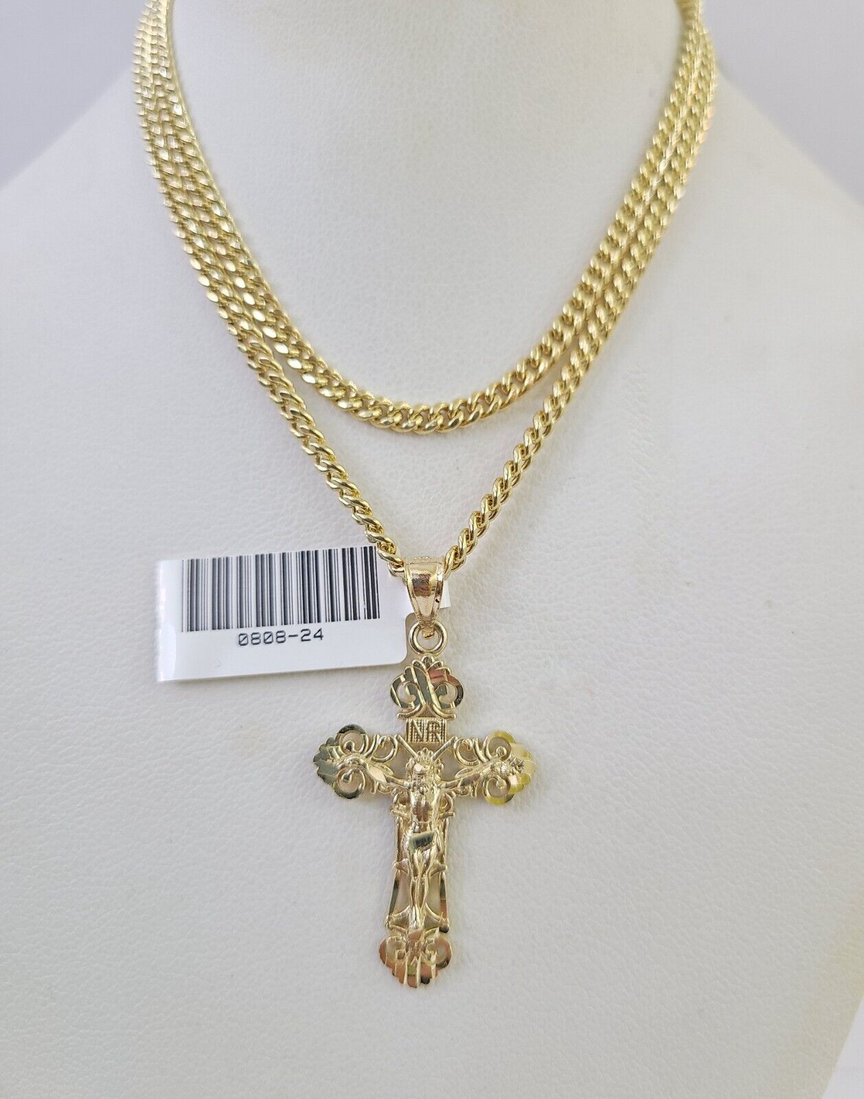 10K Gold Miami Cuban Chain INRI Jesus Cross 18"-28" 3mm Pendant Necklace SET