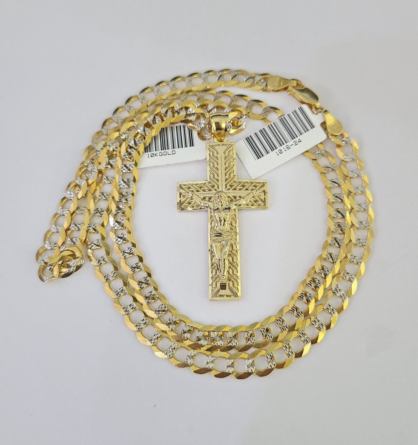 Real 10k Gold Cross Pendant Solid Cuban Curb Link Chain 6mm 20"-30" SET Necklace Two-tone