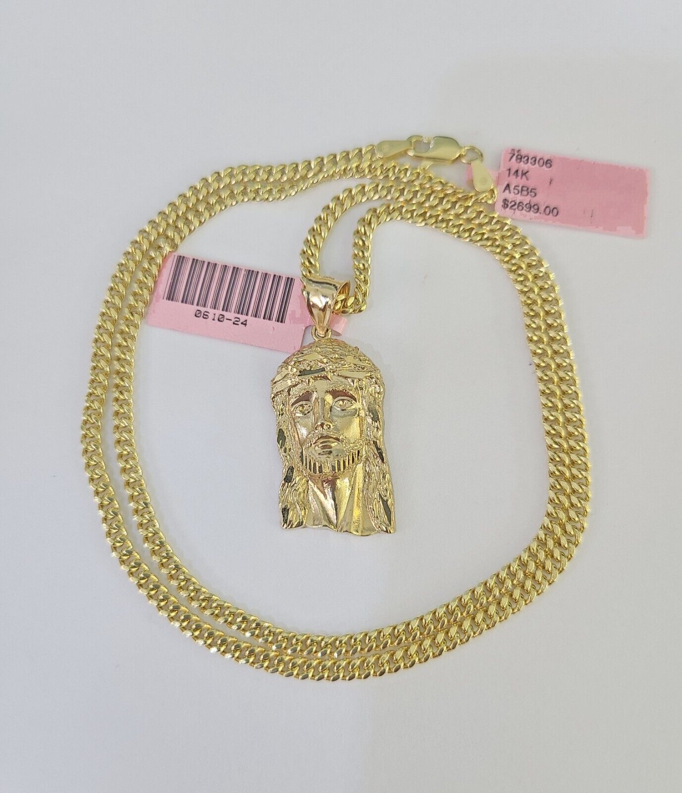 14k Miami Cuban Chain Jesus Head Charm Yellow Gold Set 3mm 18"-28" Necklace