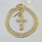 SET Solid 10k Gold Cuban Link Curb Chain Jesus Cross Pendant Two-tone 6mm 20"-30"Necklace