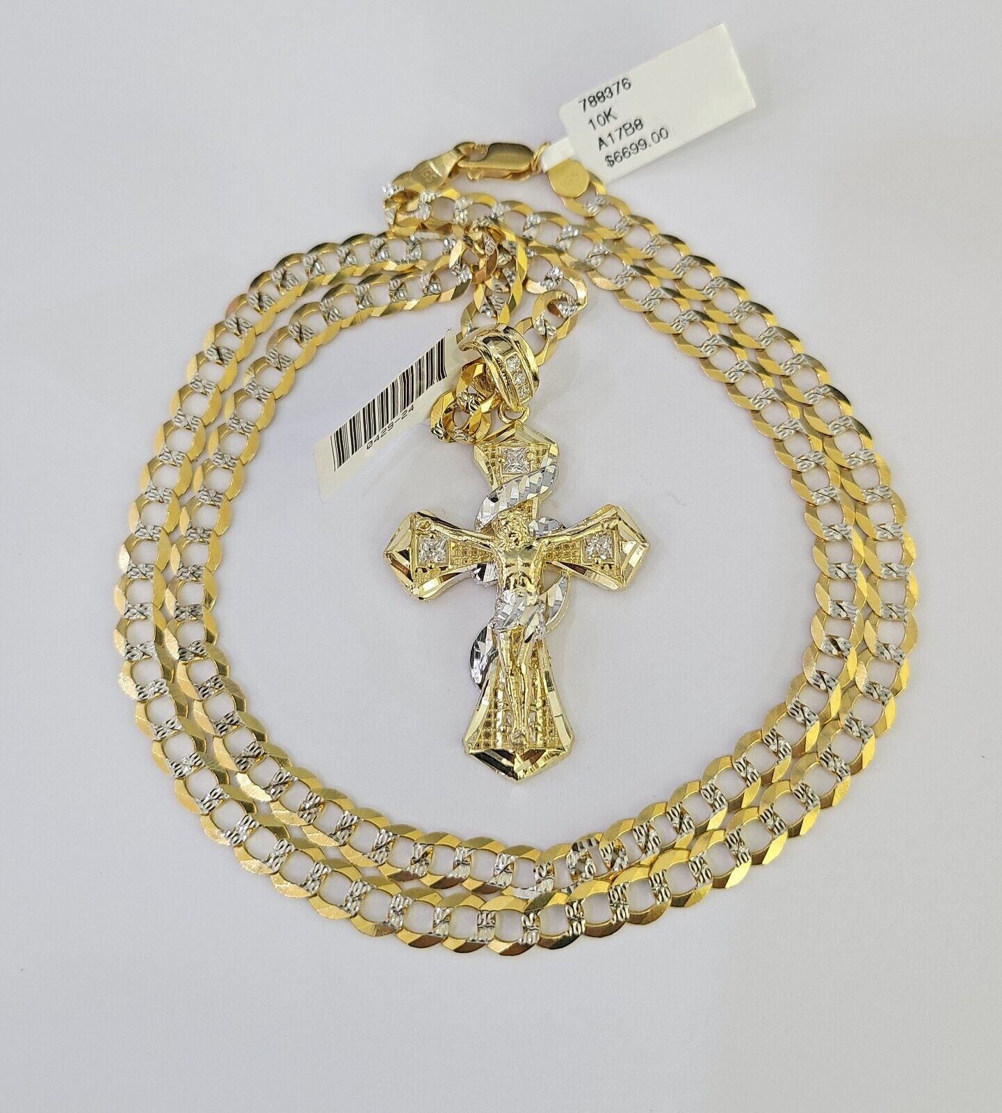 SET Solid 10k Gold Cuban Link Curb Chain Jesus Cross Pendant Two-tone 6mm 20"-30"Necklace