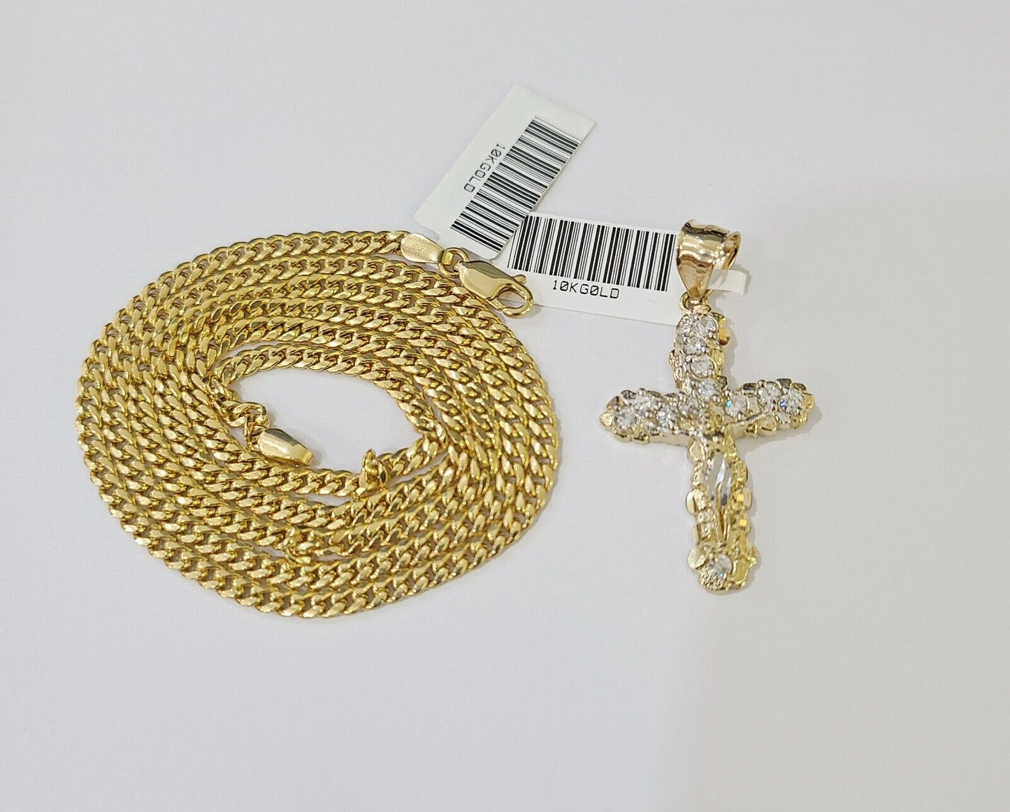 10K Gold Miami Cuban Chain 3mm Length 18" 20" 22" 24" 26" 28" 30" & Cross Charm