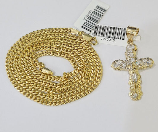 10K Gold Miami Cuban Chain 3mm Length 18" 20" 22" 24" 26" 28" 30" & Cross Charm