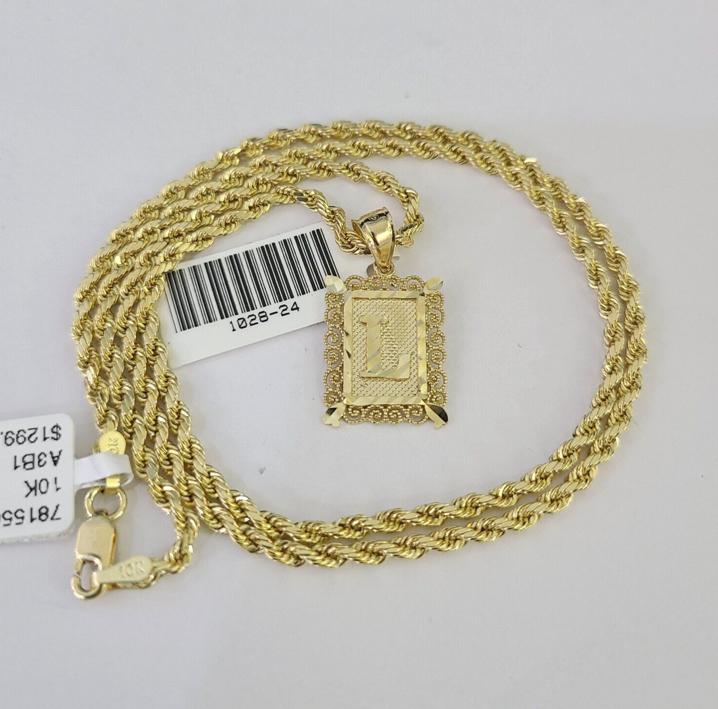 10k Gold Initial L Charm Rope Chain 16"-26" 2.5mm SET Necklace Alphabet Pendant