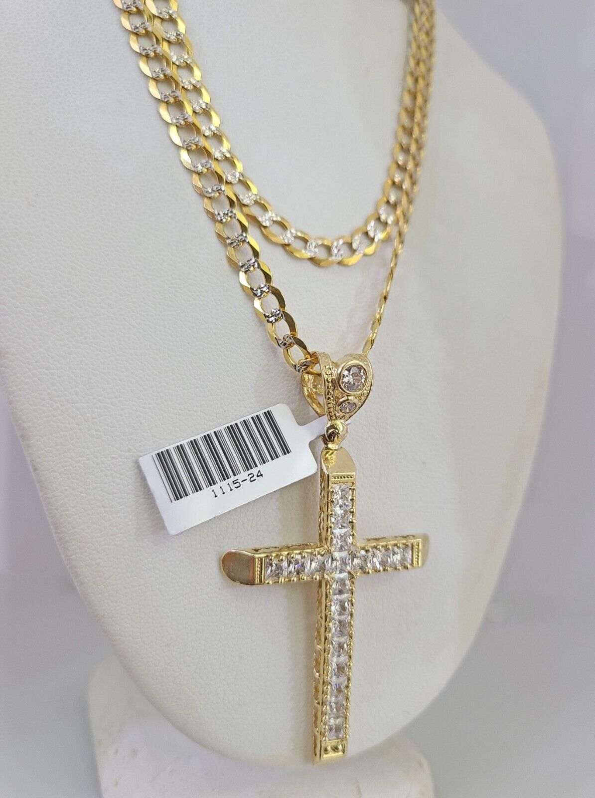 10k Gold Chain Jesus Cross Charm Solid Cuban Curb 5mm 18"-28" Inch SET