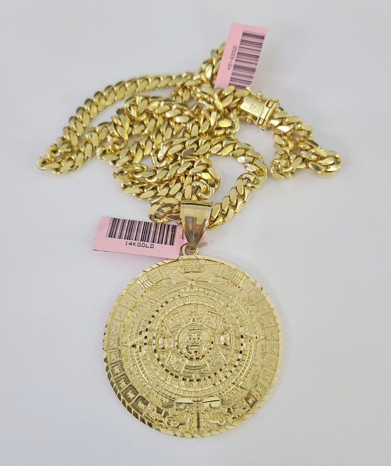 Real 14k Solid Chain Mayan Calendar Charm Set Miami Cuban 6mm Necklace Gold