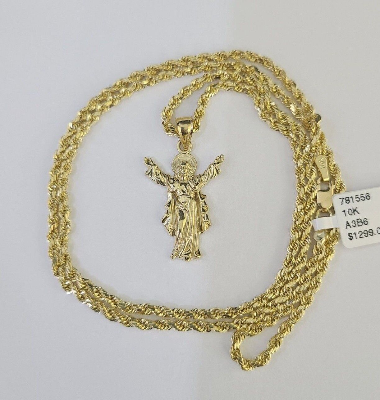 10k 3mm Rope Chain Jesus Full Body Pendant 18"-30" Gold Set Charm Necklace