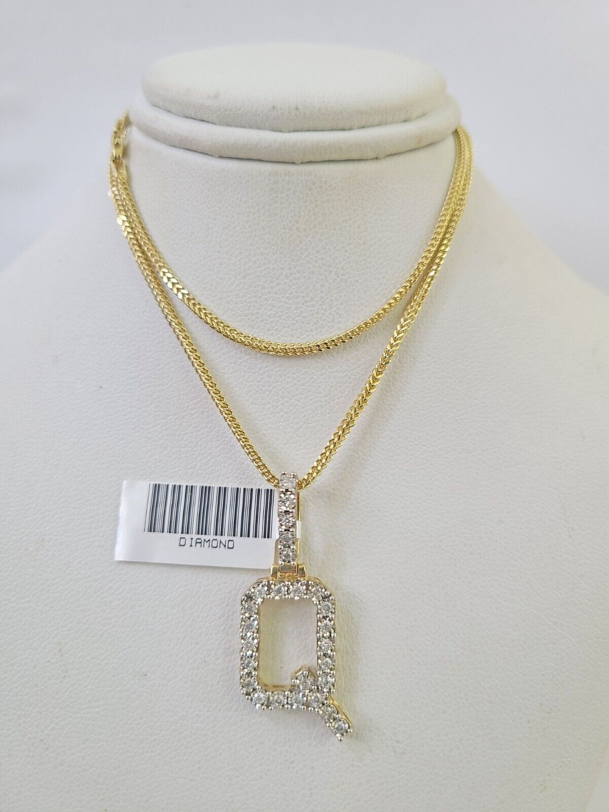 10K Franco Chain Diamond Q Pendant Initial Charm Letter Necklace 18"-24" 1.5mm