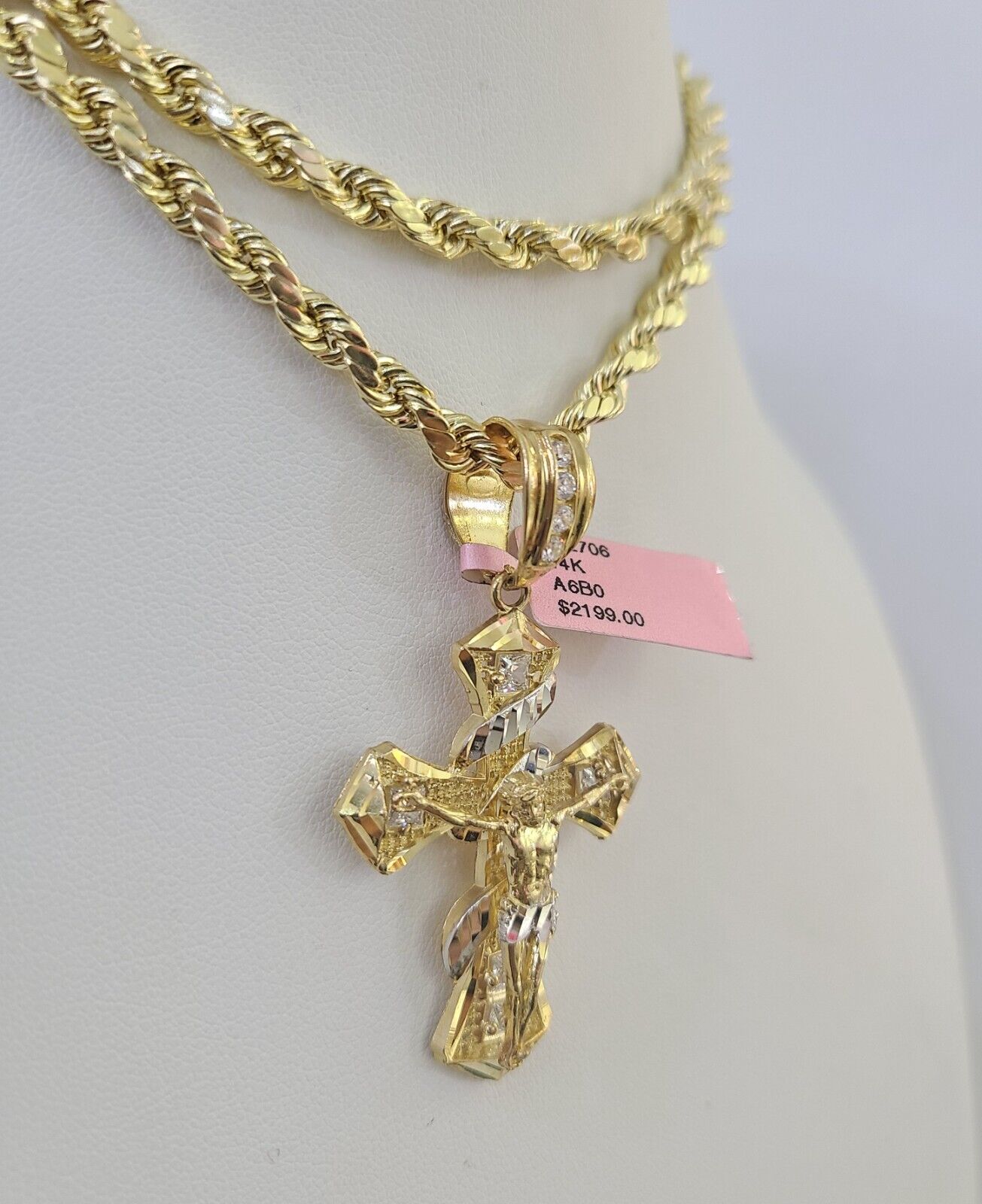 Real 14k Rope Chain Jesus Cross Charm Yellow Gold Set 5mm 20"-30" Necklace