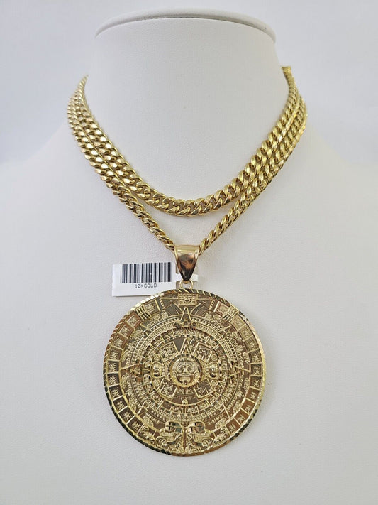 10K Miami Cuban Link Chain Mayan Calendar Pendent Charm 6mm 20"-30" Inch