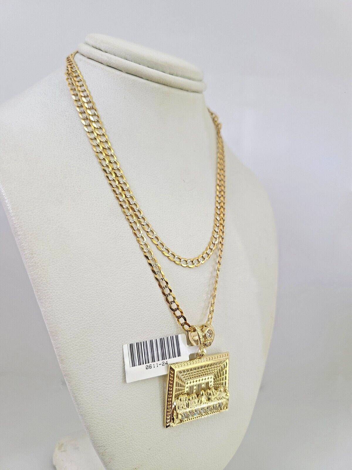 10k Gold Solid Cuban Curb Chain Last Supper Pendant Set 3mm 18"-26" Necklace