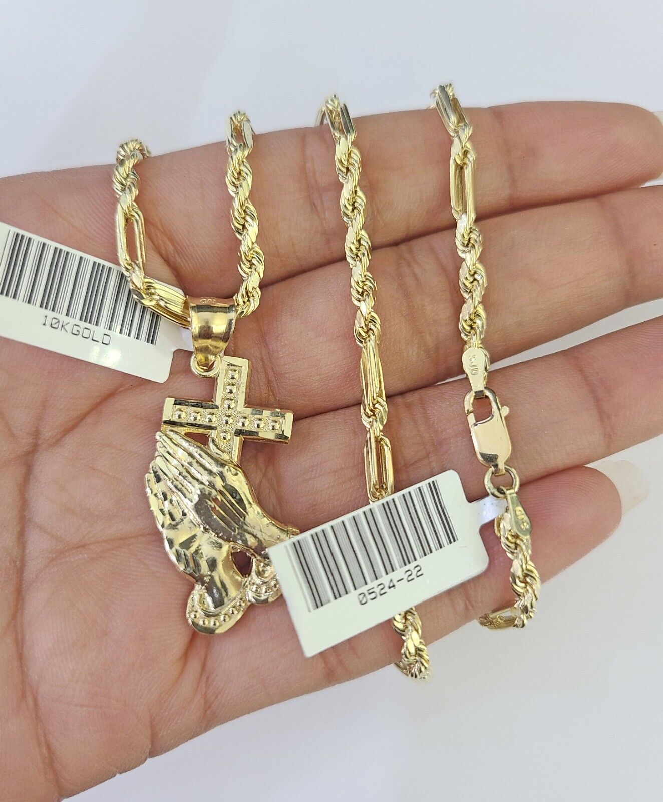 10k Milano Rope Chain Praying Hands Cross Charm Necklace SET 3mm 18" 20" 22" 24"