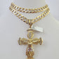 10k Gold Chain Cross Charm Solid Cuban Curb Necklace 9mm 20"-30" Diamond Cut SET