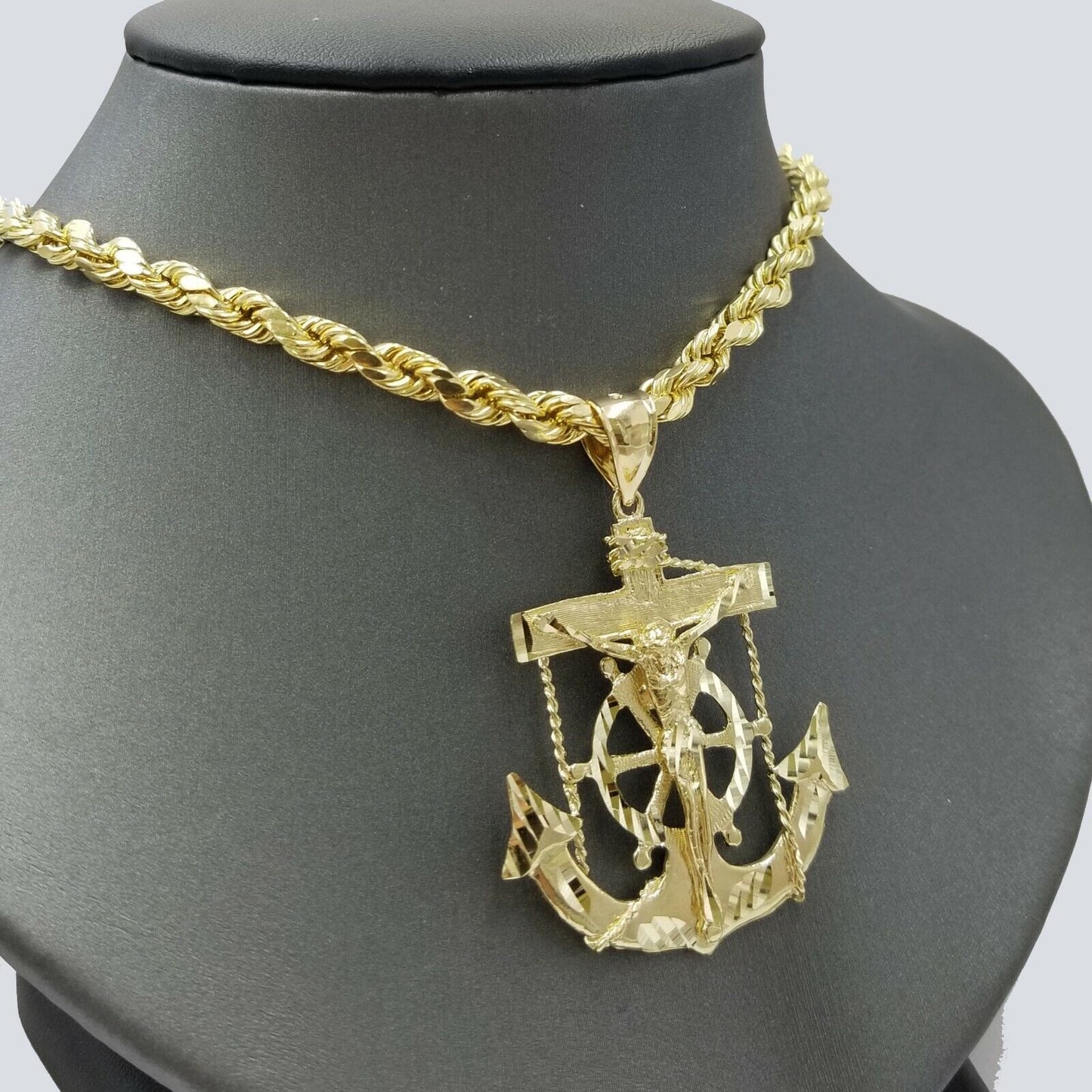 10k Gold Anchor charm pendant & Rope chain necklace 6mm 20"-30" Men's Real SET