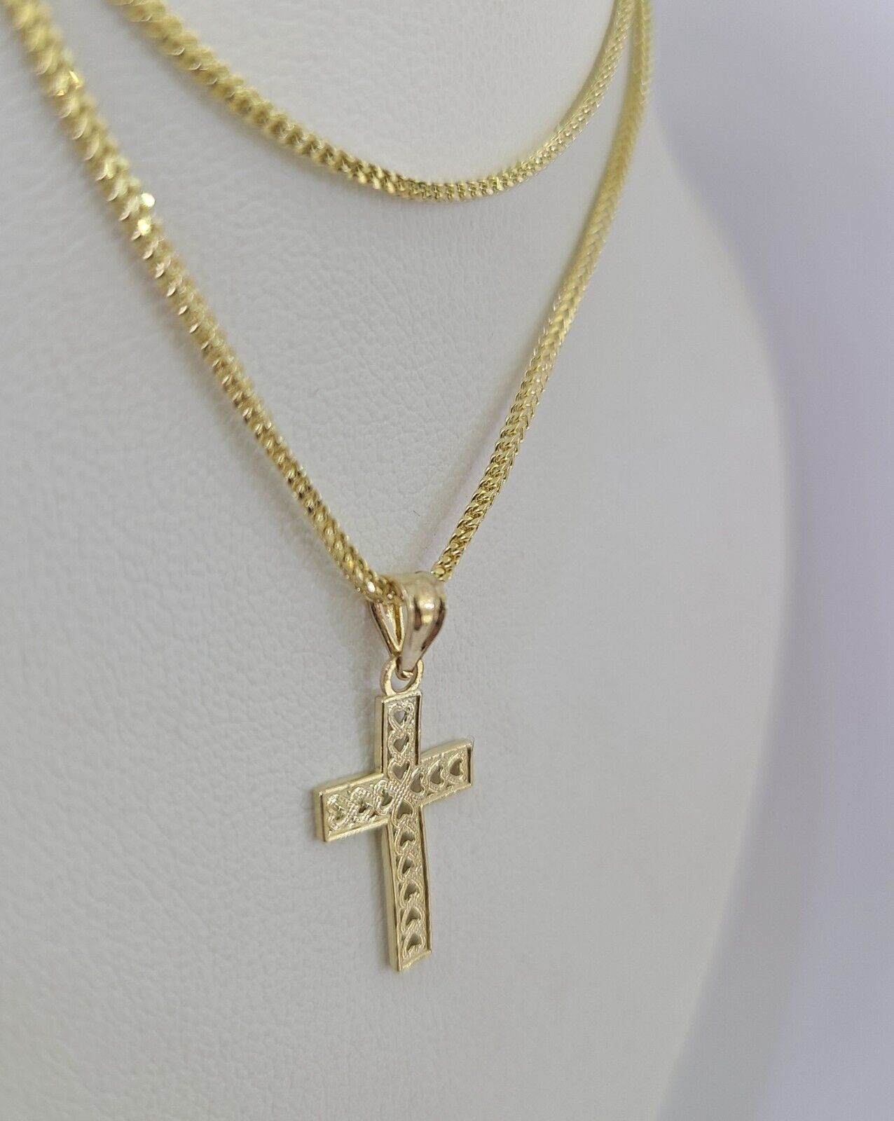 10K Gold Franco Chain Hearts Jesus Cross Charm SET 18-24 inches 1mm Necklace