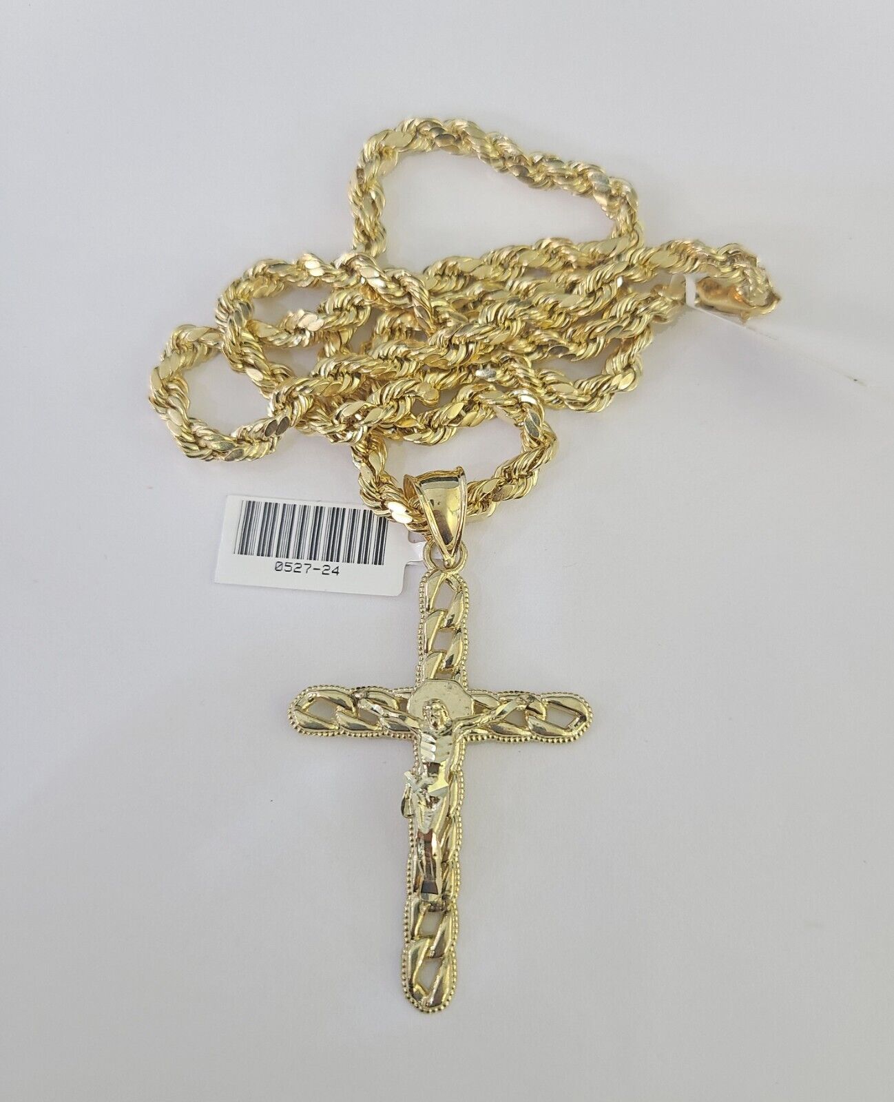 Real 10k Rope Chain Jesus Cross Charm Necklace Pendant Set 5mm 20"-30" Inch Gold