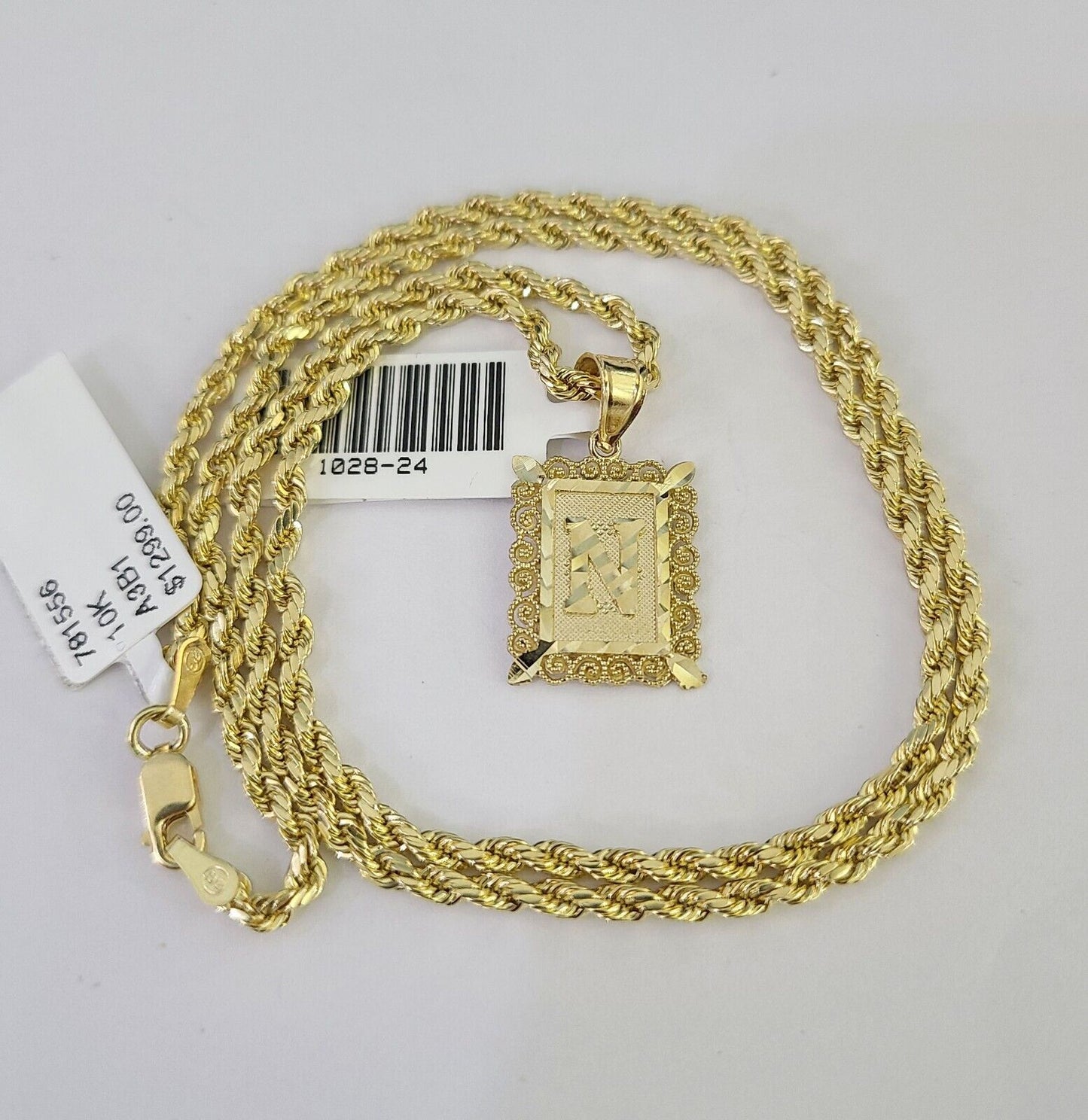 10k Gold Initial N Charm Rope Chain 16"-26" 2.5mm SET Necklace Alphabet Pendant