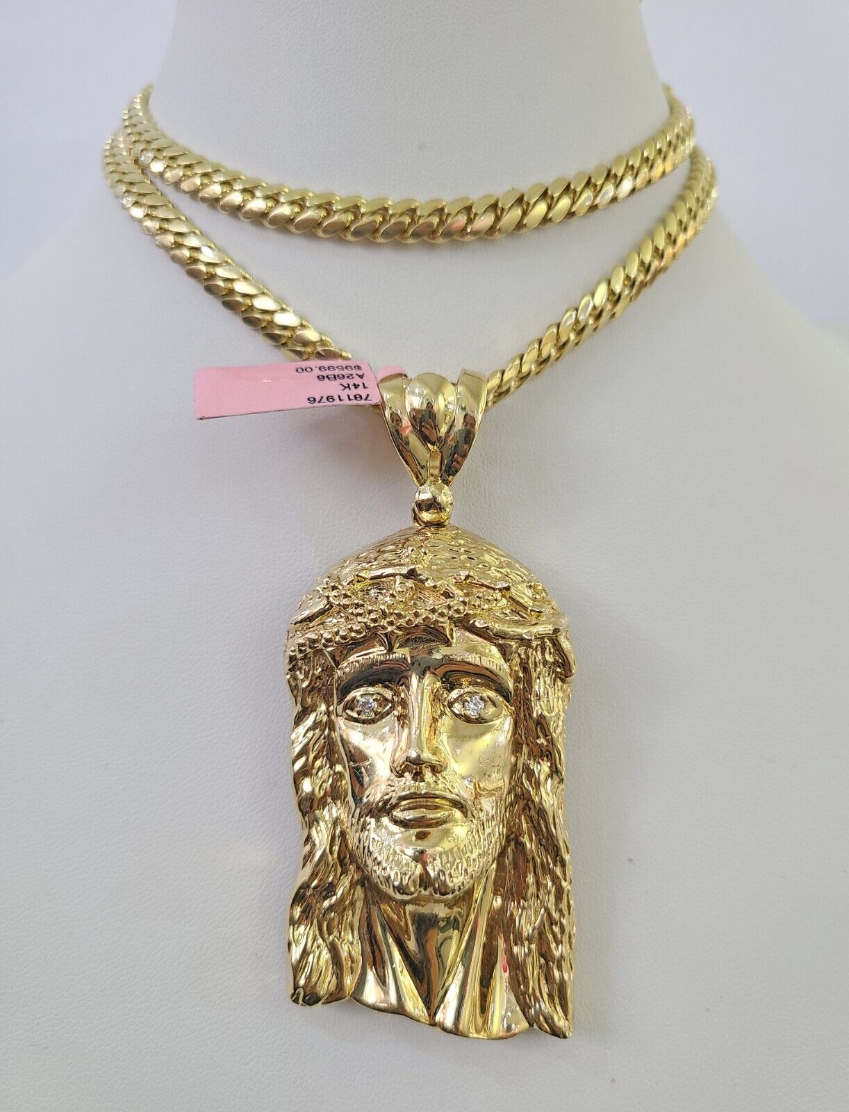 Real 14k Solid Chain Jesus Head Charm Set Miami Cuban 6mm Necklace Pendant Gold