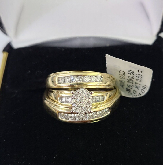 REAL 10k Diamond Ring Ladies Men Trio SET Wedding Engagement Genuine Yellow Gold