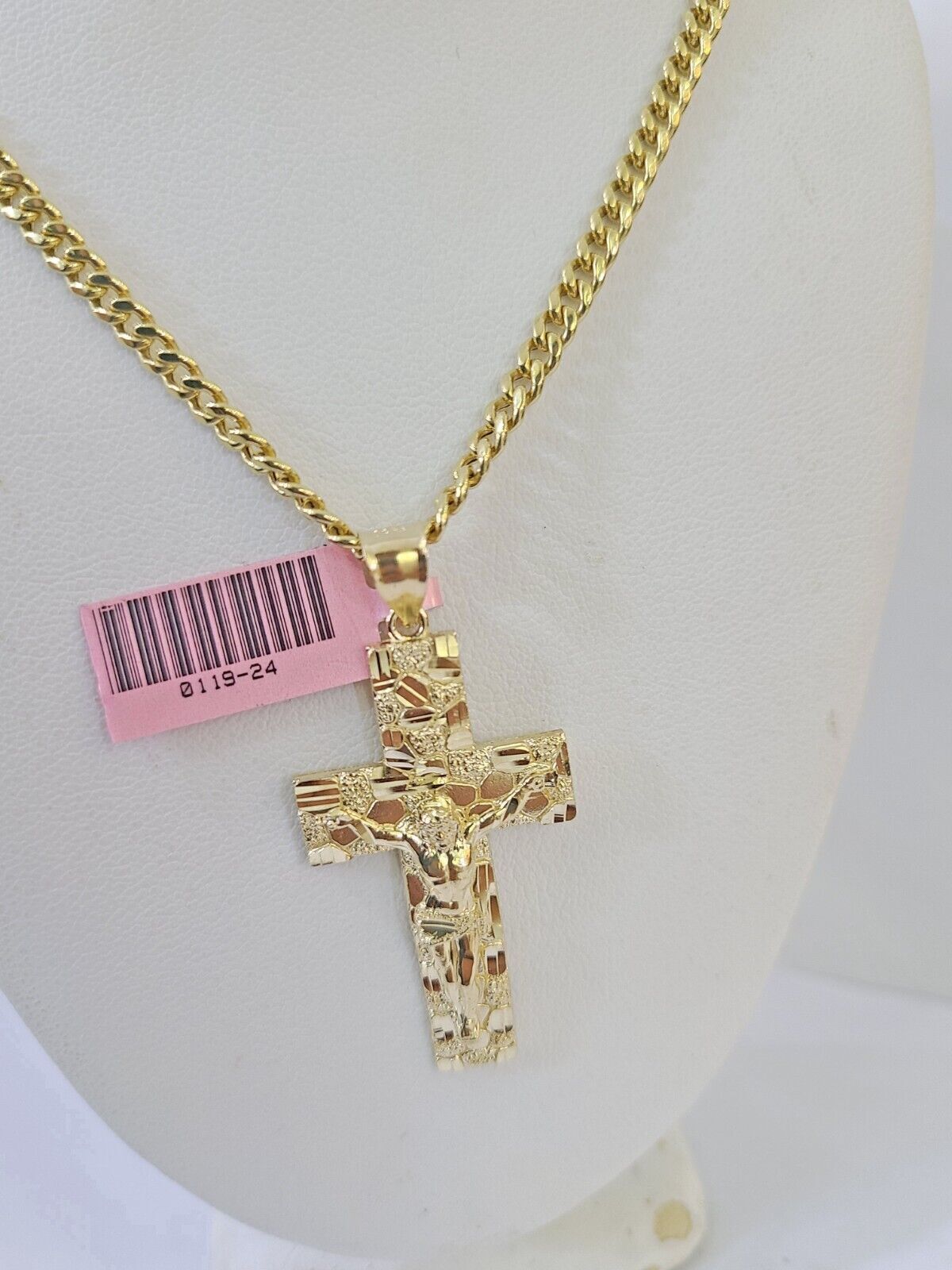 Real 14k Yellow Gold Chain Cross Charm Set Miami Cuban Link 4mm Necklace Pendant