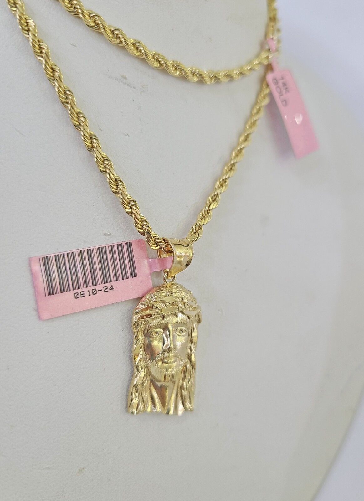 Real 14k Rope Chain Jesus Head Charm Set Yellow Gold 3mm 18-30" Necklace Pendant