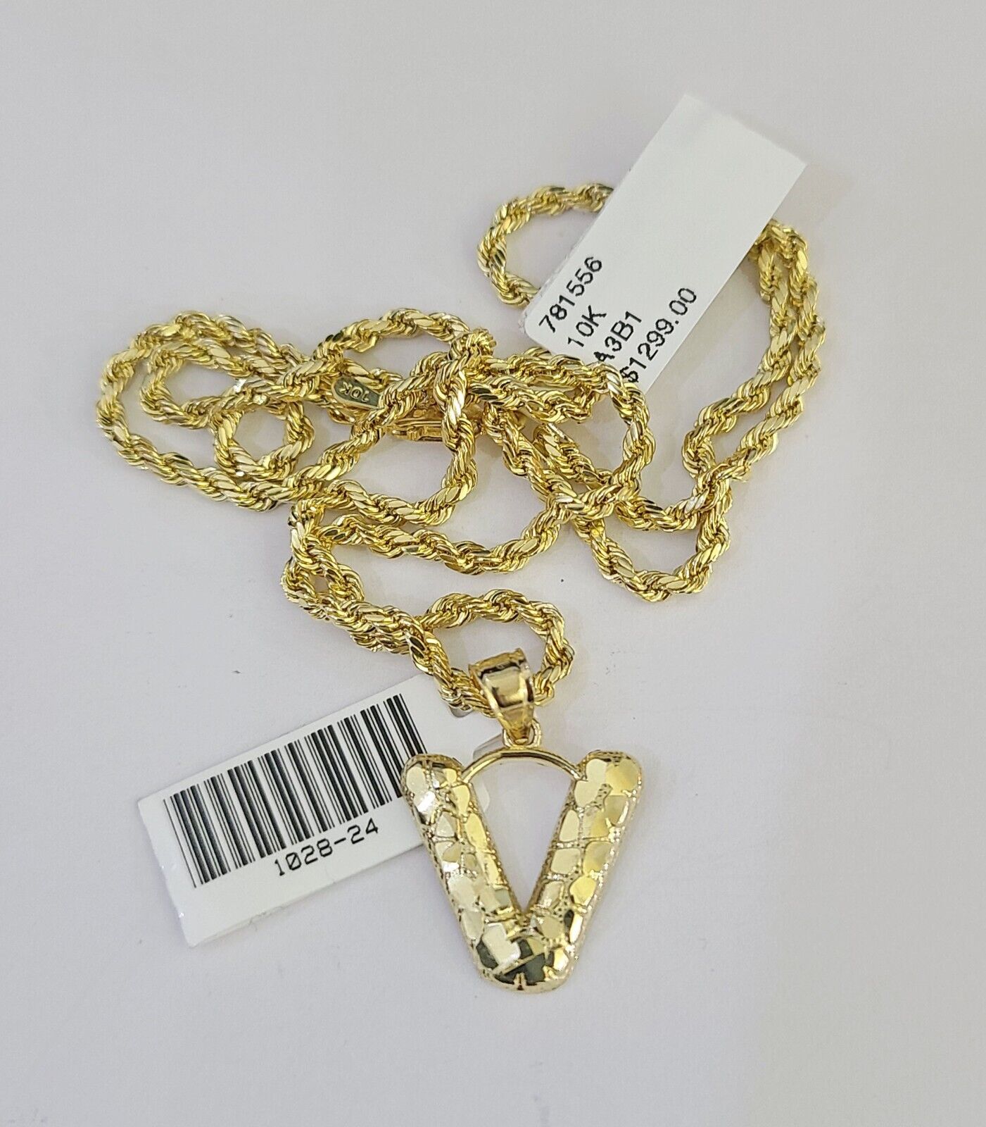 10k Gold Initial V Charm Rope Chain 16"-26" 2.5mm SET Necklace Alphabet Pendant