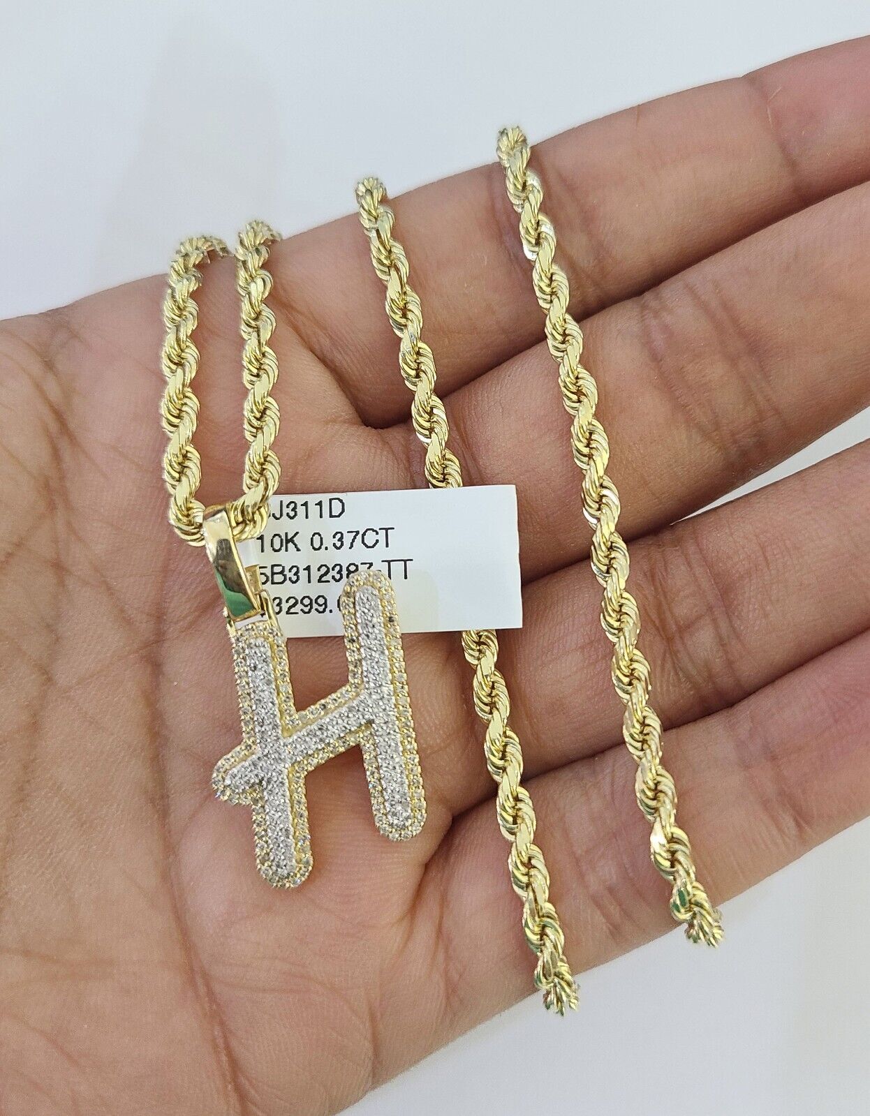 10k 3mm Rope Solid Chain H Diamond Pendant Alphabet 18"-28" Gold Charm Necklace