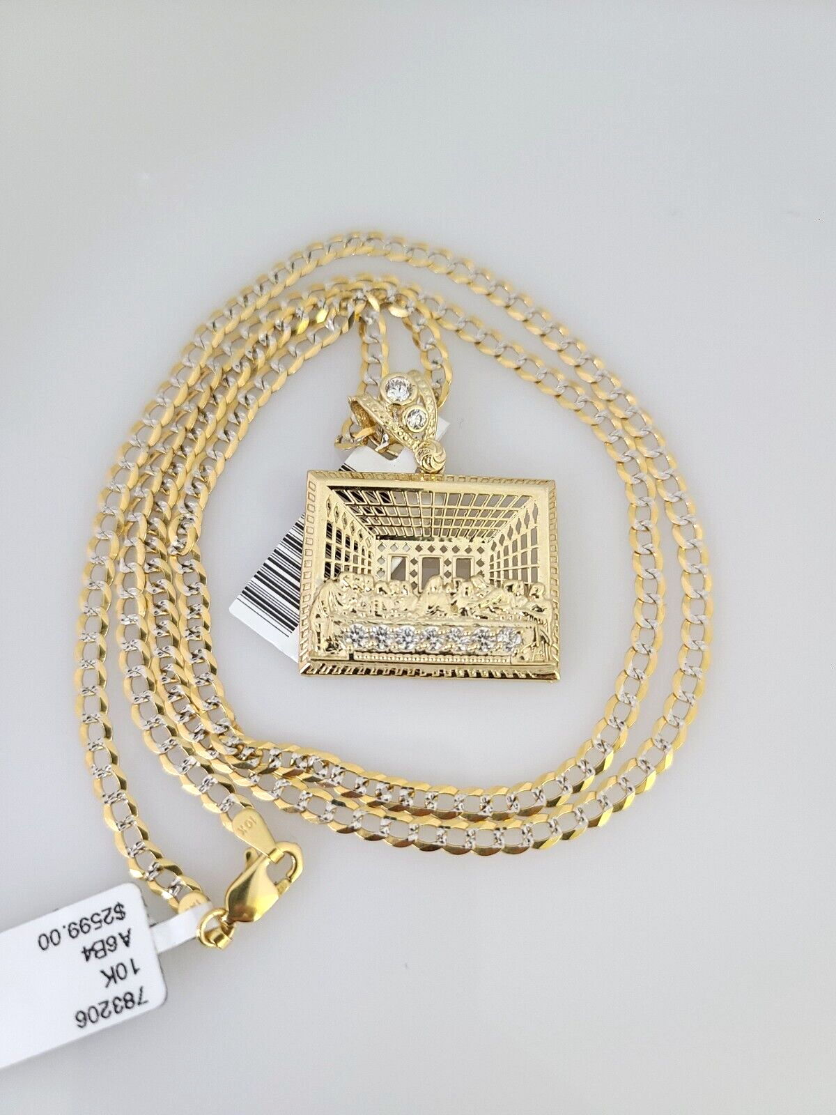 10k Gold Solid Cuban Curb Chain Last Supper Pendant Set 3mm 18"-26" Necklace