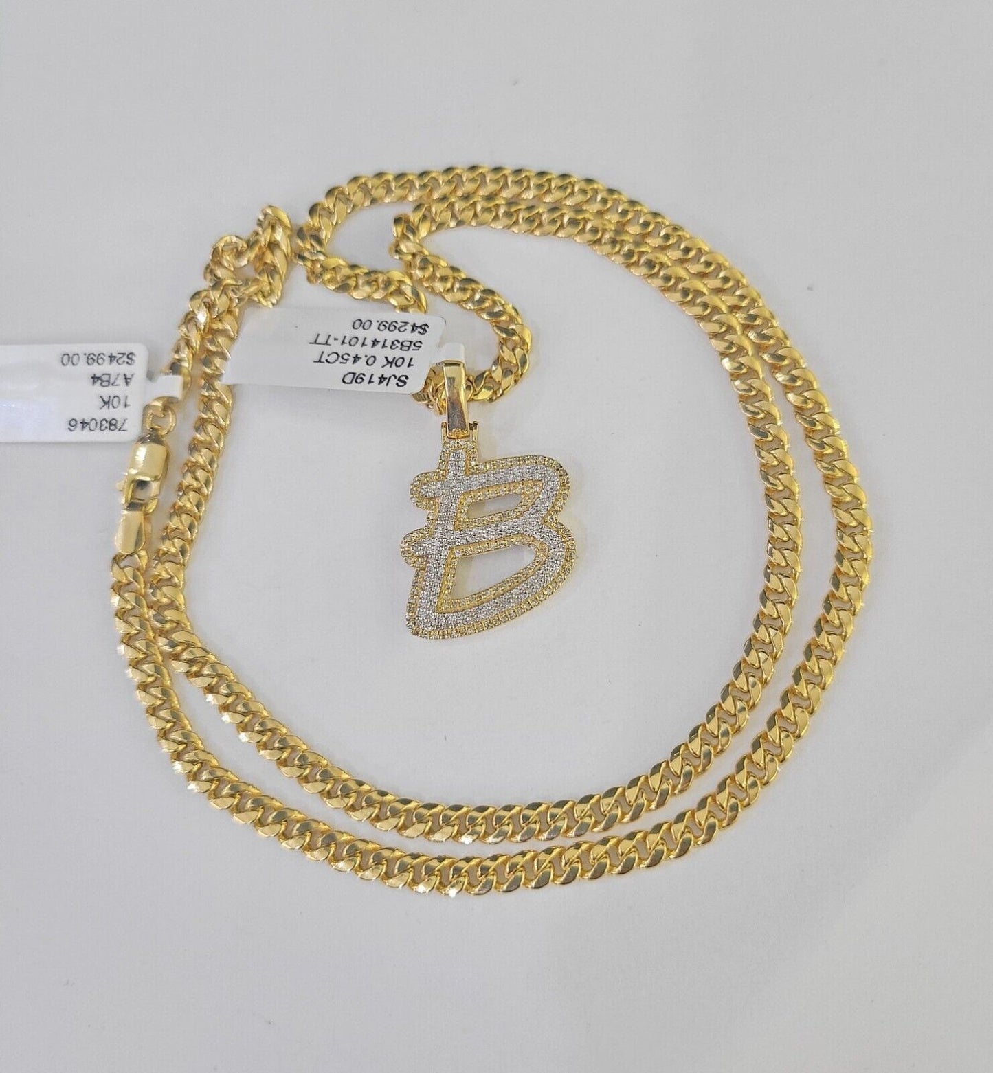 10k Miami Cuban Chain B Diamond Charm Set 4mm 18-26"Yellow Gold Necklace Pendant